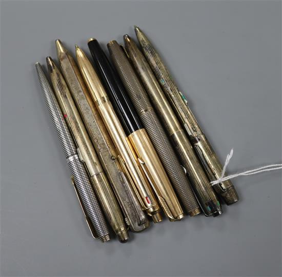 A Parker 75 Cisele Sterling silver fountain pen and matching ball point pen and five multi-colour ball point pens,